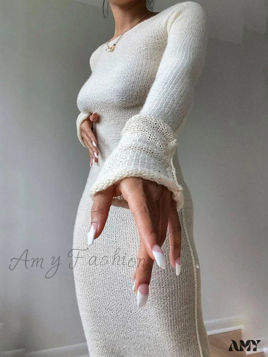 Women's Knit Bodycon Maxi Dress Long Sleeve Minimalist Sweater Dress - Seldom Seen Styles