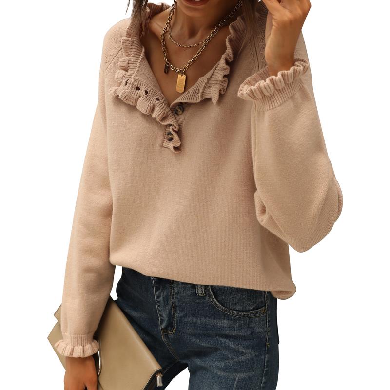 Women's Knit Pullover Sweater Tops - Casual Long Sleeve Button Down Crew Neck Ruffle Solid Color Striped - Knitwear, Womenswear - Seldom Seen Styles