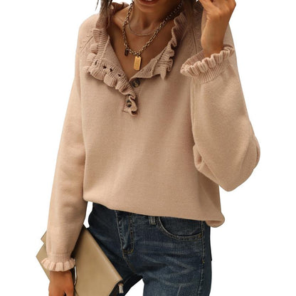 Women's Knit Pullover Sweater Tops - Casual Long Sleeve Button Down Crew Neck Ruffle Solid Color Striped - Knitwear, Womenswear