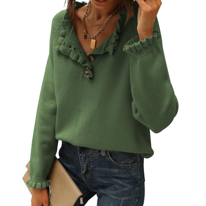 Women's Knit Pullover Sweater Tops - Casual Long Sleeve Button Down Crew Neck Ruffle Solid Color Striped - Knitwear, Womenswear