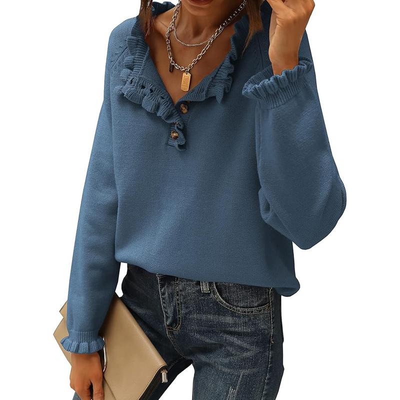 Women's Knit Pullover Sweater Tops - Casual Long Sleeve Button Down Crew Neck Ruffle Solid Color Striped - Knitwear, Womenswear - Seldom Seen Styles