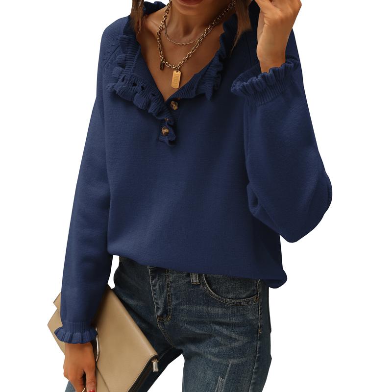 Women's Knit Pullover Sweater Tops - Casual Long Sleeve Button Down Crew Neck Ruffle Solid Color Striped - Knitwear, Womenswear - Seldom Seen Styles