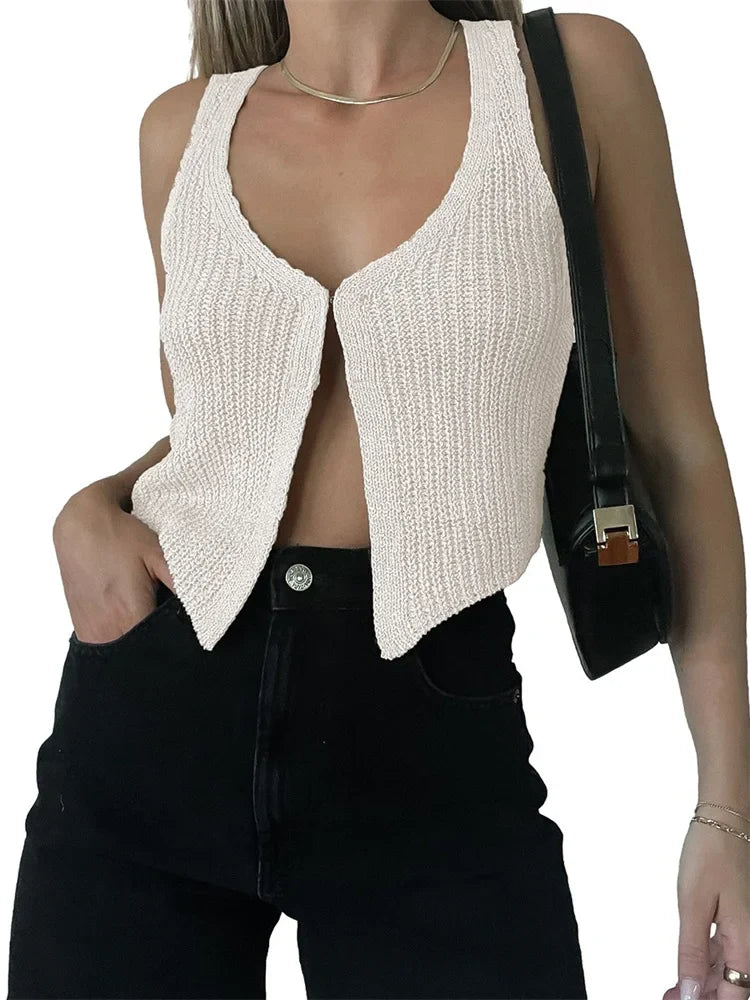 Women's Knitted Crop Vest Sleeveless V Neck Button Front Y2K Sweater Tank Top - Seldom Seen Styles