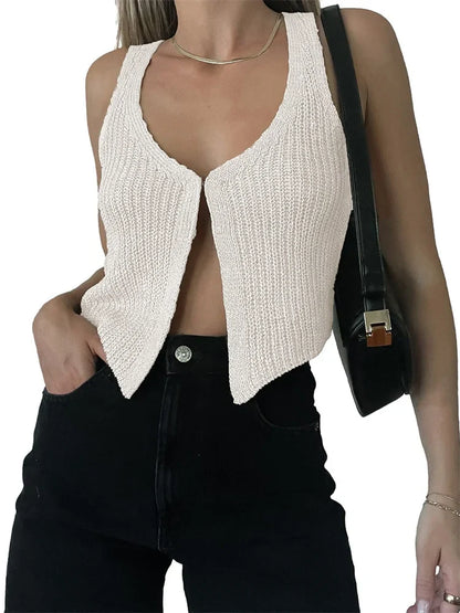 Women's Knitted Crop Vest Sleeveless V Neck Button Front Y2K Sweater Tank Top