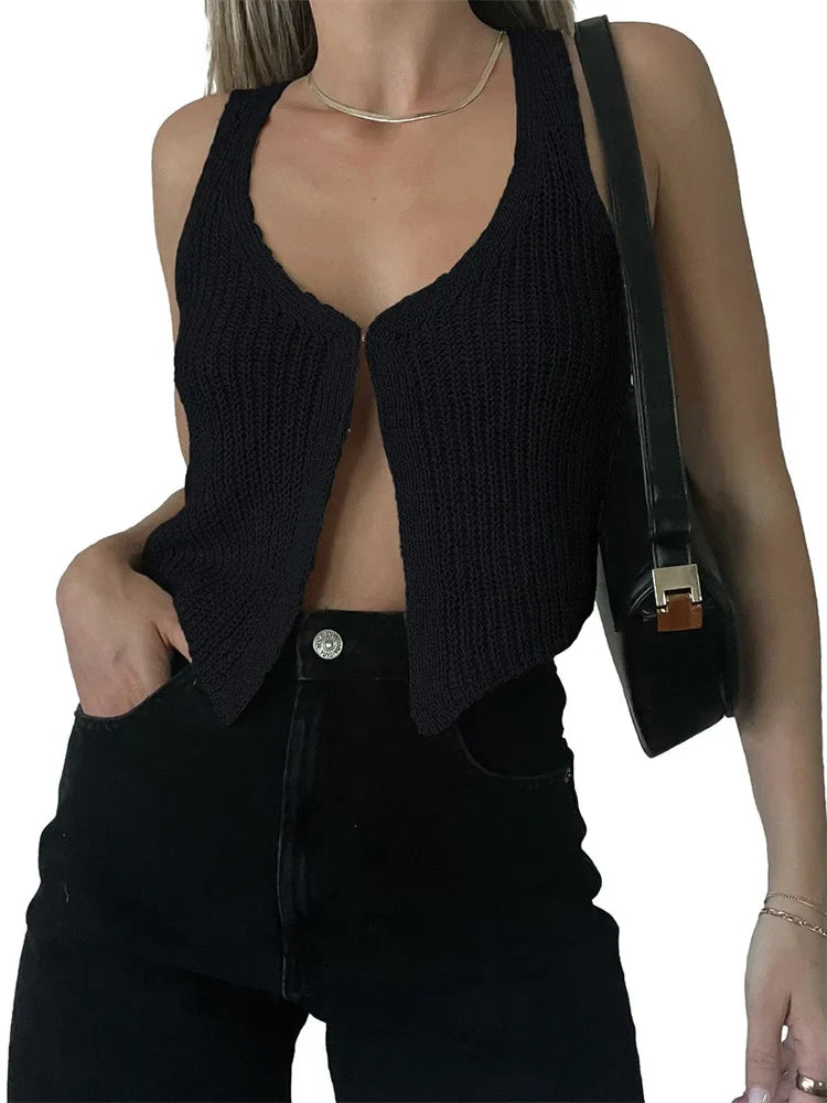 Women's Knitted Crop Vest Sleeveless V Neck Button Front Y2K Sweater Tank Top - Seldom Seen Styles