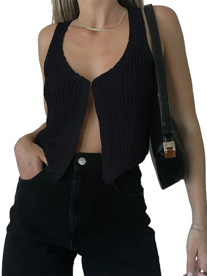 Women's Knitted Crop Vest Sleeveless V Neck Button Front Y2K Sweater Tank Top