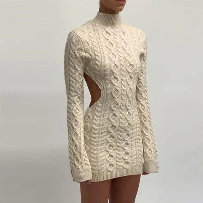 Women's Knitted Long Sleeve Backless Mini Dress Ivory Bodycon Cozy Chic Evening Party Dress