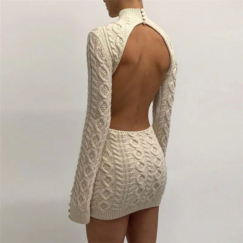 Women's Knitted Long Sleeve Backless Mini Dress Ivory Bodycon Cozy Chic Evening Party Dress - Seldom Seen Styles