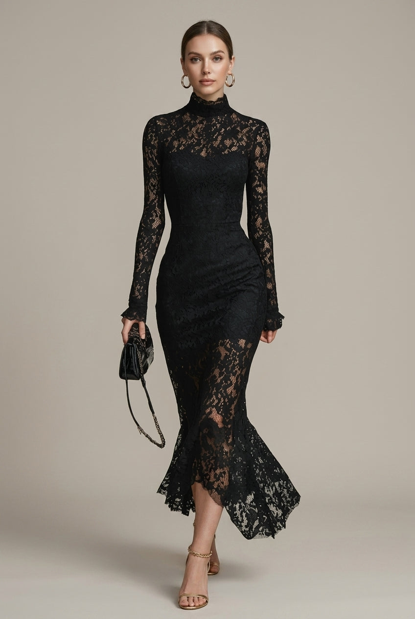 Women's Lace Long Sleeve Fitted Midi Dress - High Neckline - Seldom Seen Styles