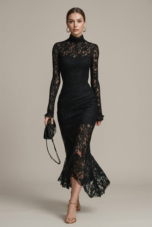 Women's Lace Long Sleeve Fitted Midi Dress - High Neckline - Seldom Seen Styles
