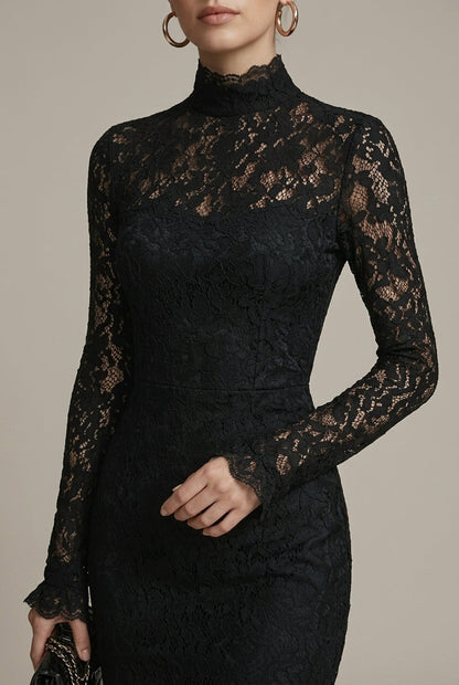 Women's Lace Long Sleeve Fitted Midi Dress - High Neckline