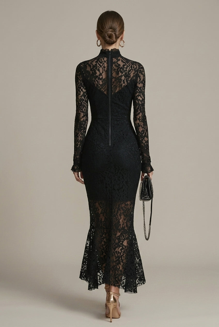 Women's Lace Long Sleeve Fitted Midi Dress - High Neckline - Seldom Seen Styles