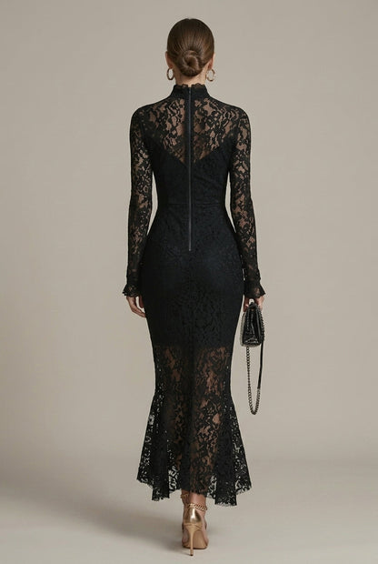 Women's Lace Long Sleeve Fitted Midi Dress - High Neckline