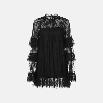 Women's Lace Long Sleeve Mini Dress Sheer Ruffle Tiered High Neck Evening Party Wedding Guest Summer Dress