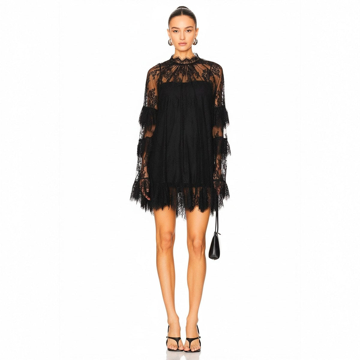 Women's Lace Long Sleeve Mini Dress Sheer Ruffle Tiered High Neck Evening Party Wedding Guest Summer Dress - Seldom Seen Styles