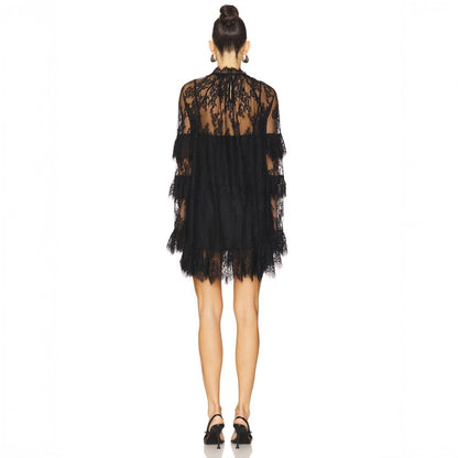 Women's Lace Long Sleeve Mini Dress Sheer Ruffle Tiered High Neck Evening Party Wedding Guest Summer Dress