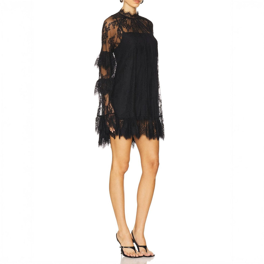 Women's Lace Long Sleeve Mini Dress Sheer Ruffle Tiered High Neck Evening Party Wedding Guest Summer Dress - Seldom Seen Styles