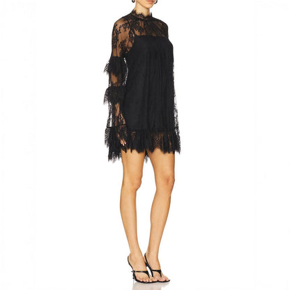 Women's Lace Long Sleeve Mini Dress Sheer Ruffle Tiered High Neck Evening Party Wedding Guest Summer Dress
