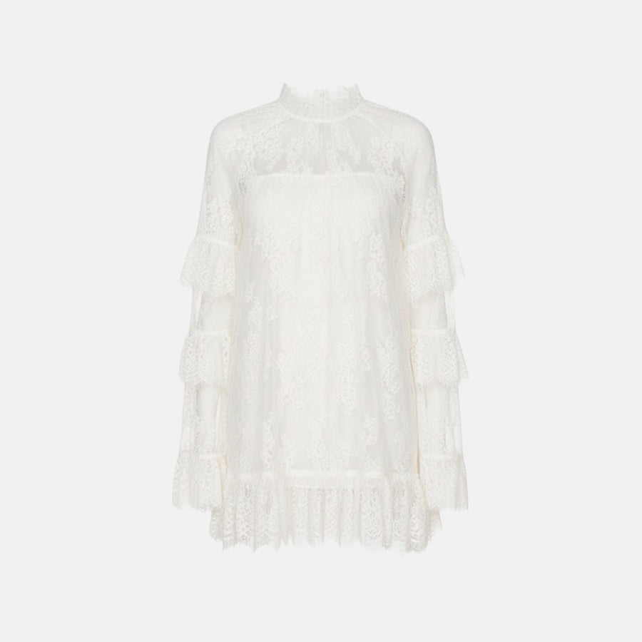 Women's Lace Long Sleeve Mini Dress Sheer Ruffle Tiered High Neck Evening Party Wedding Guest Summer Dress - Seldom Seen Styles