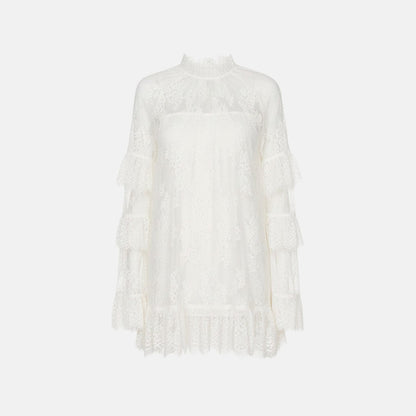 Women's Lace Long Sleeve Mini Dress Sheer Ruffle Tiered High Neck Evening Party Wedding Guest Summer Dress