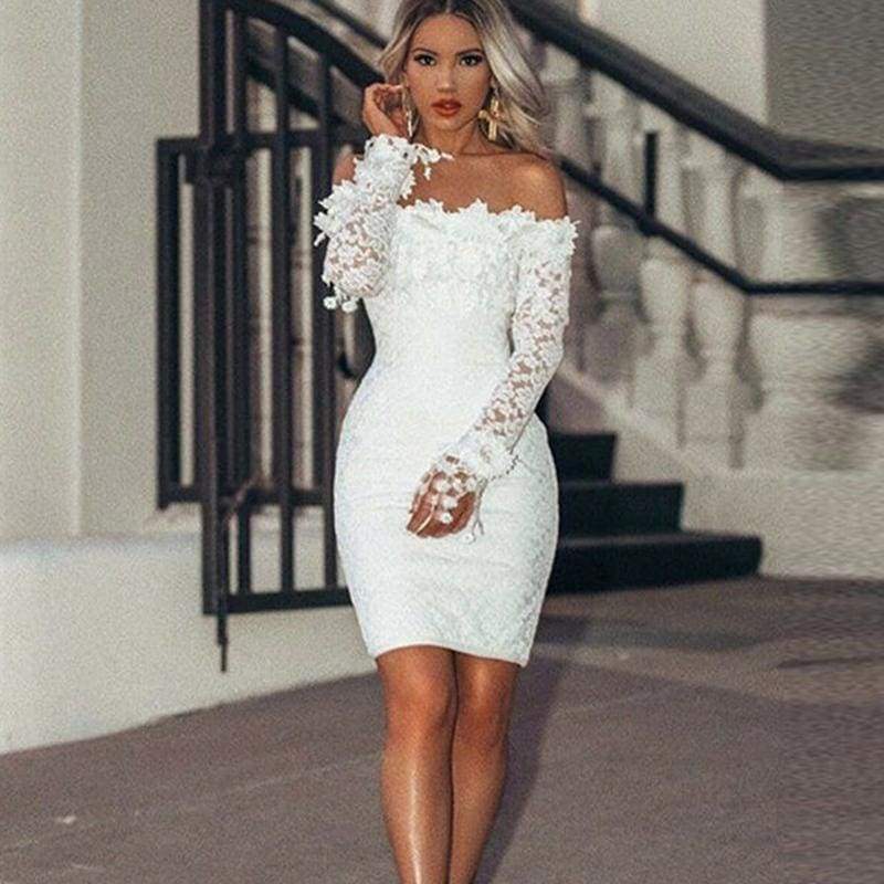 Women's Lace Off Shoulder Bodycon Dress Elegant Floral Long Sleeve Party Dress - Seldom Seen Styles