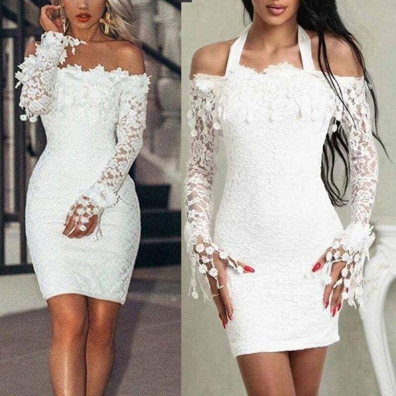Women's Lace Off Shoulder Bodycon Dress Elegant Floral Long Sleeve Party Dress - Seldom Seen Styles