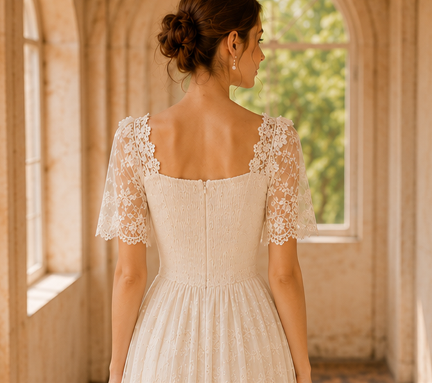 Women's Lace Short Sleeve Square Neck Tea Length A-Line Wedding Bridal Dress Elegant Summer Vacation Apricot - Seldom Seen Styles