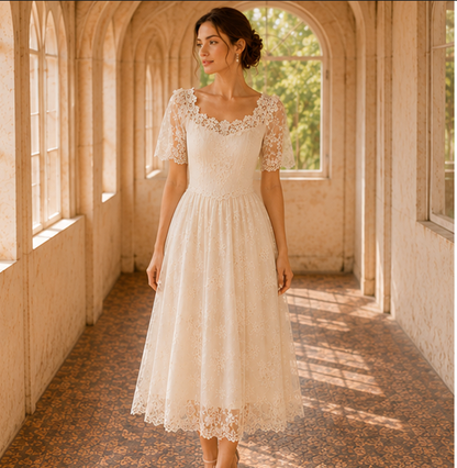Women's Lace Short Sleeve Square Neck Tea Length A-Line Wedding Bridal Dress Elegant Summer Vacation Apricot