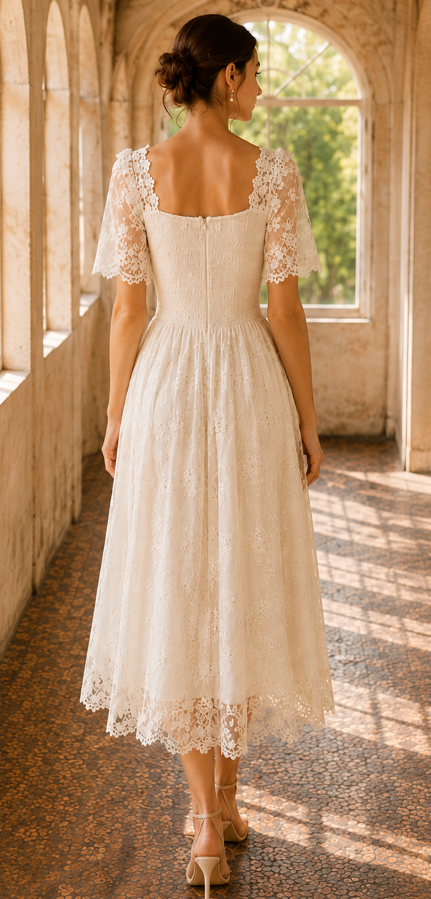 Women's Lace Short Sleeve Square Neck Tea Length A-Line Wedding Bridal Dress Elegant Summer Vacation Apricot - Seldom Seen Styles