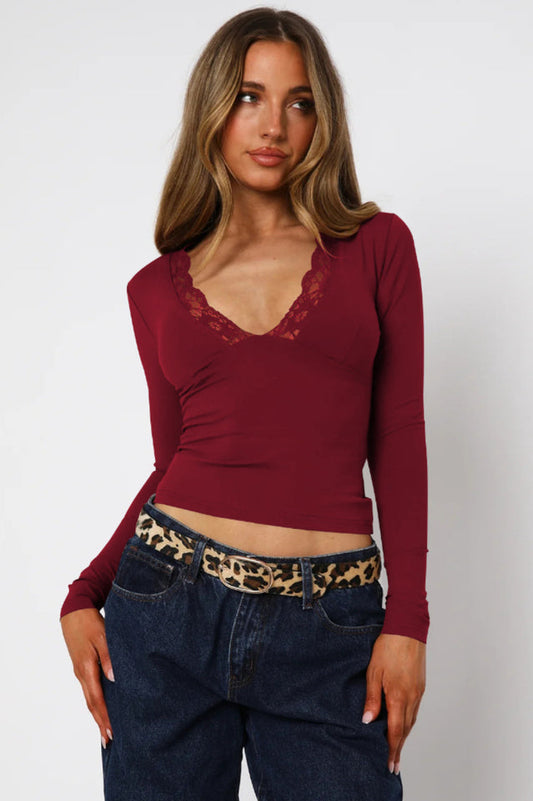Women's Lace Trim Long Sleeve Top V Neck Slim Fit Shirt - Seldom Seen Styles