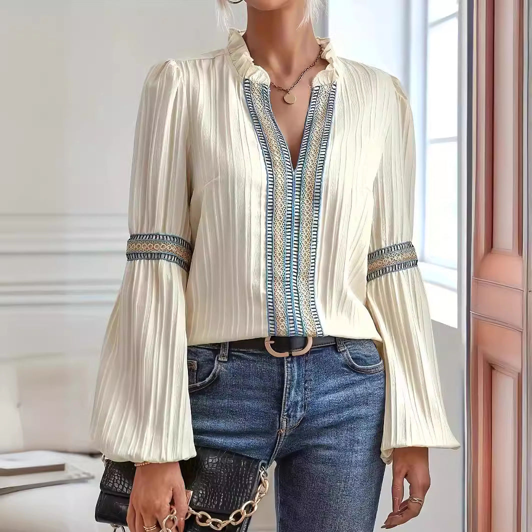 Women’s Lace Trim V Neck Lantern Long Sleeve Blouses Oversized Dressy Casual Loose Fit Business Work Shirts Tops - Seldom Seen Styles