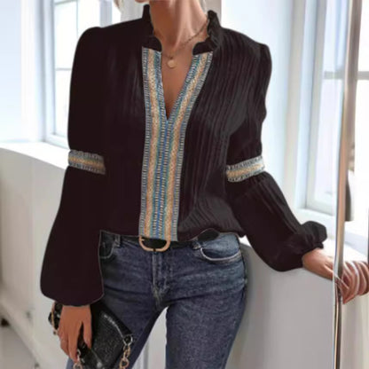 Women’s Lace Trim V Neck Lantern Long Sleeve Blouses Oversized Dressy Casual Loose Fit Business Work Shirts Tops