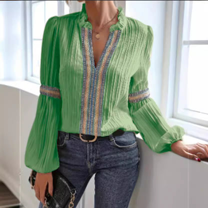 Women’s Lace Trim V Neck Lantern Long Sleeve Blouses Oversized Dressy Casual Loose Fit Business Work Shirts Tops