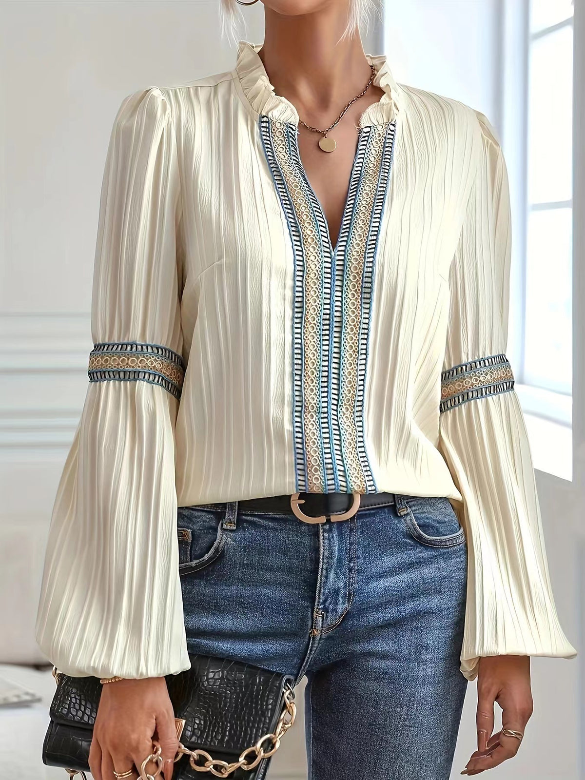 Women’s Lace Trim V Neck Lantern Long Sleeve Blouses Oversized Dressy Casual Loose Fit Business Work Shirts Tops - Seldom Seen Styles