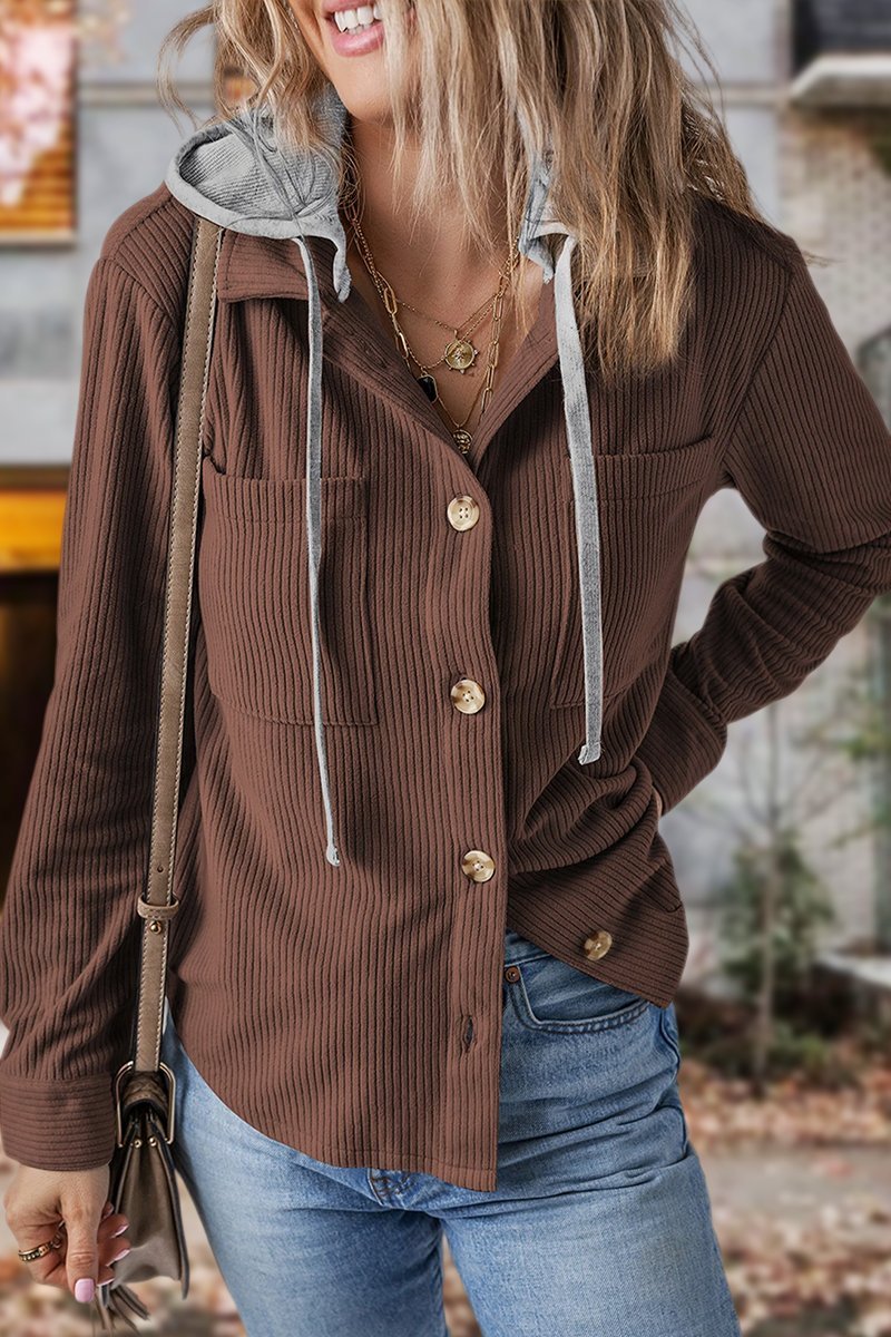 Women's Lapel Button Cardigan Pocket Hood Drawstring Striped Jacket - Seldom Seen Styles