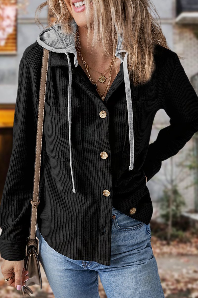 Women's Lapel Button Cardigan Pocket Hood Drawstring Striped Jacket - Seldom Seen Styles