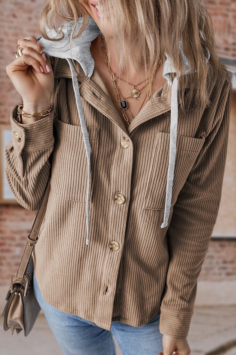 Women's Lapel Button Cardigan Pocket Hood Drawstring Striped Jacket - Seldom Seen Styles