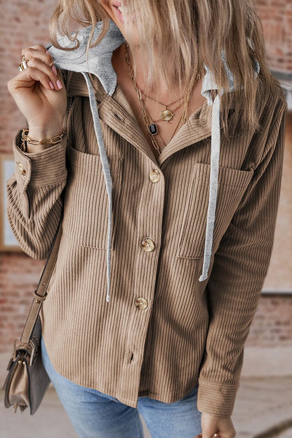 Veste rayée avec capuche à cordon, poches et boutons à revers pour femme