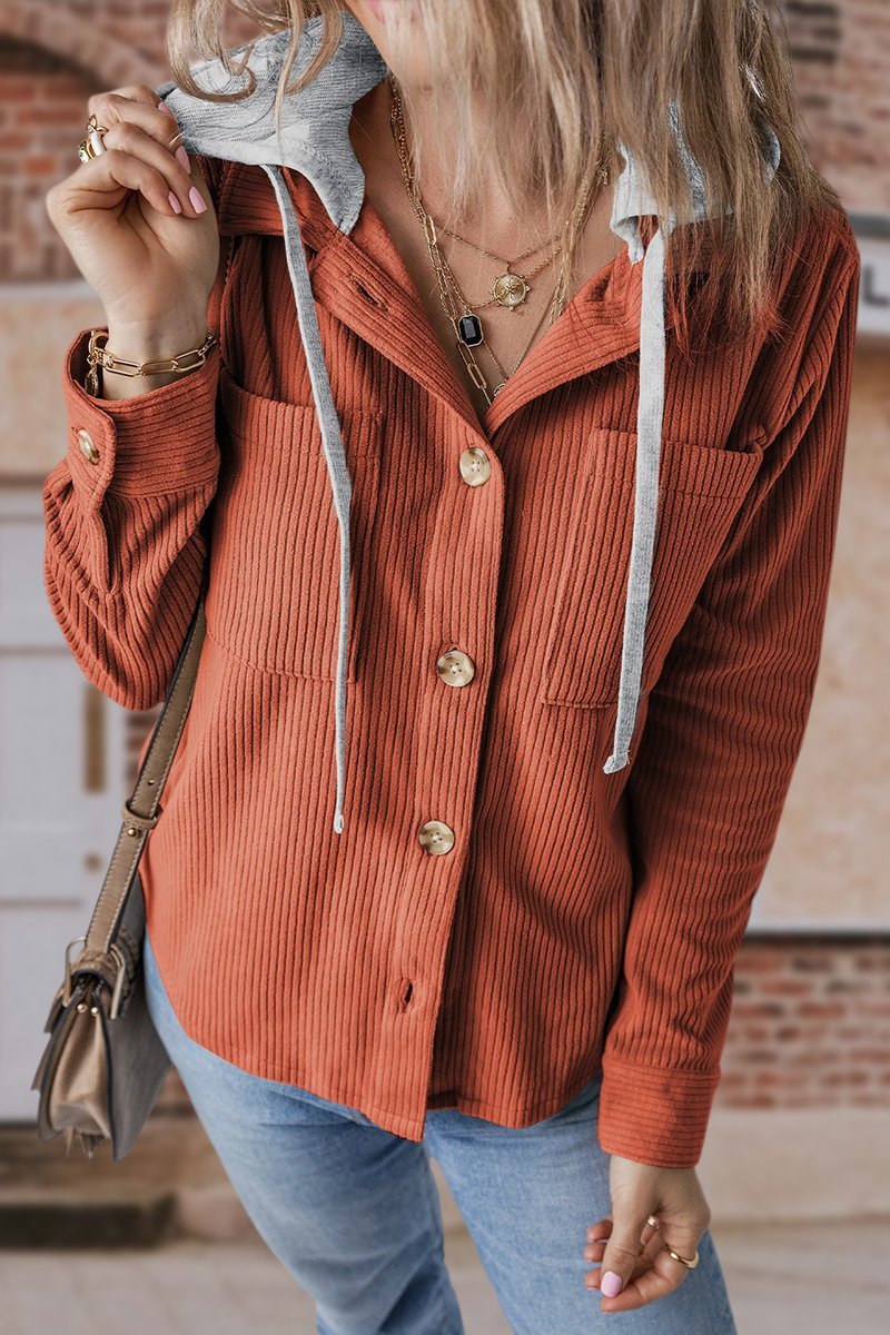 Women's Lapel Button Cardigan Pocket Hood Drawstring Striped Jacket - Seldom Seen Styles