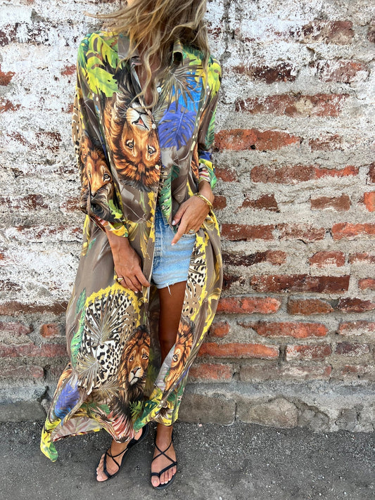 Women's Lapel Plant and Animal Print Casual Long Shirt - Seldom Seen Styles