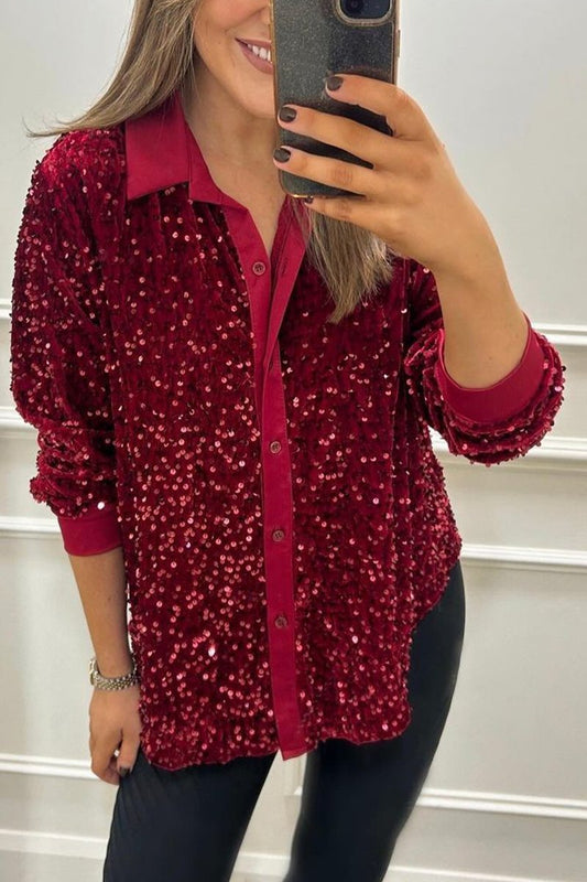 Women's Lapel Single Row Sparkly Party Shirt - Seldom Seen Styles