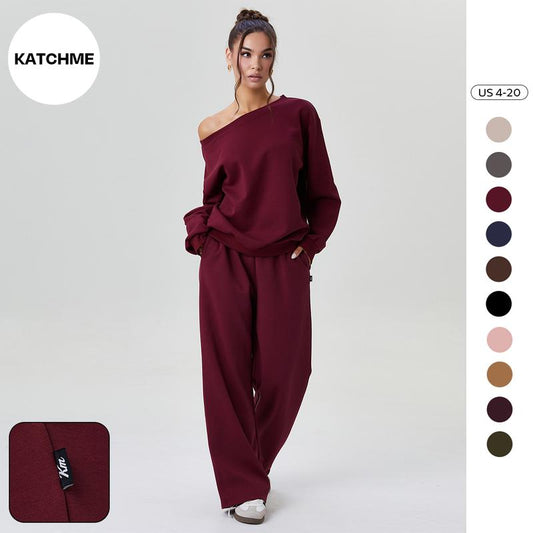 Women's Leisure Solid Color Sloping Shoulder Long Sleeve Top & Wide Leg Trousers Co-ord, Cozy Scoop Neck Loose Two Piece Outfits, Basic Womenswear - Seldom Seen Styles
