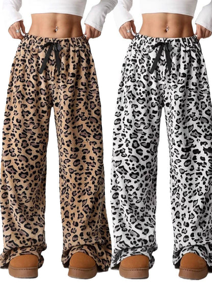 Women's Leopard Print Bow Decor Wide Leg Pants, Casual Comfy Trousers for Daily Wear, Ladies Bottoms for Fall & Winter
