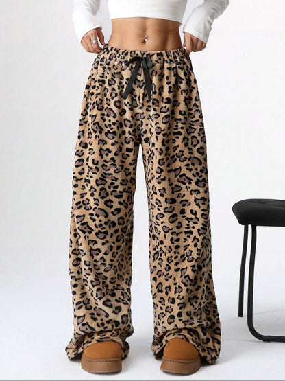 Women's Leopard Print Bow Decor Wide Leg Pants, Casual Comfy Trousers for Daily Wear, Ladies Bottoms for Fall & Winter