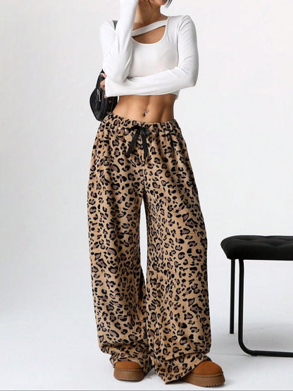 Women's Leopard Print Bow Decor Wide Leg Pants, Casual Comfy Trousers for Daily Wear, Ladies Bottoms for Fall & Winter