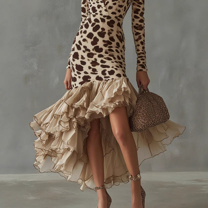 Women's Leopard Print High Low Maxi Dress Deep V Neck Long Sleeve Ruffle Hem Boho Party Dress