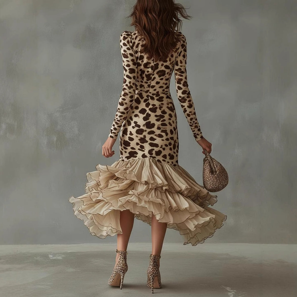 Women's Leopard Print High Low Maxi Dress Deep V Neck Long Sleeve Ruffle Hem Boho Party Dress - Seldom Seen Styles