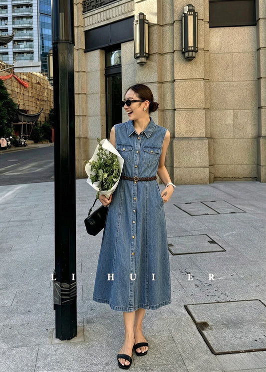 Women's Light Blue Denim Sleeveless A-Line Midi Dress Gold Button Dual Chest Pockets with Free Braided Belt S M L XL - Seldom Seen Styles