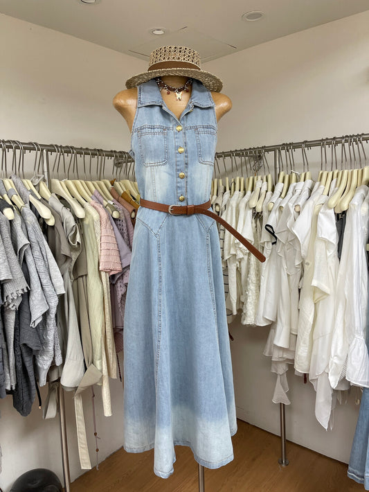 Women's Light Blue Denim Sleeveless Belted A-Line Maxi Dress Gold Button Lapel Collar with Free Belt M L - Seldom Seen Styles