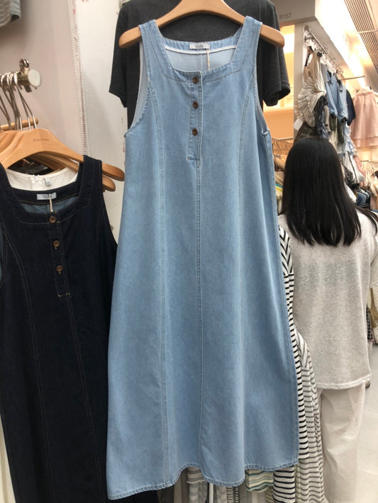 Women's Light Blue Denim Sleeveless Maxi Dress Square Neck Button Front Cotton Jean Dress - Seldom Seen Styles